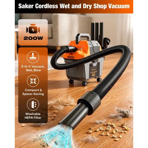 Saker Cordless Wet and Dry Shop Vacuum 17kPa 2.6 Gallon Portable Shop Vacuum Cleaner with Storage Rack, 2×4.0Ah Batteries, Strap, HEPA Filter, 3-in-1 Small Shop Vac for Car, Garage, Workshop