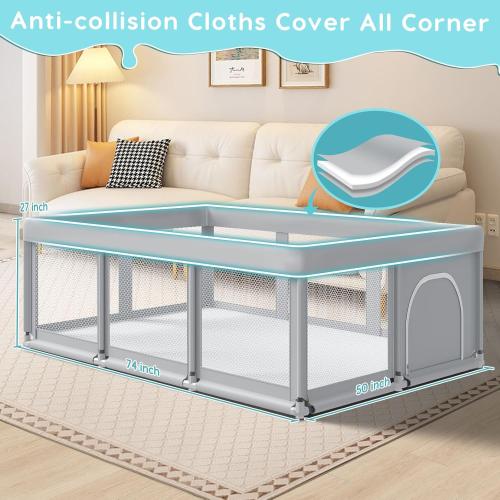 74 ×50 Large Baby Playpen, Baby Playard for Babies and Toddlers, Baby Fence Play Pens for Indoor & Outdoor, Sturdy Safety Play Yard with Soft Breathable Mesh, Anti-Fall, Grey
