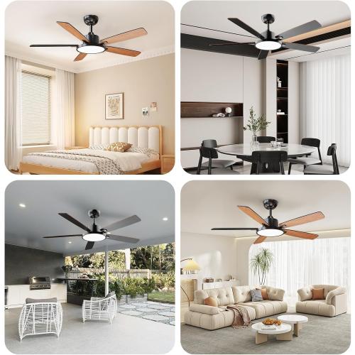 TALOYA 52 Inch Black Smart Ceiling Fans with Lights Led Remote Control Flush Mount Low Profile for Bedroom Living Dining Room Outdoor Farmhouse Patio,Reversible,DC Motor,3 Color Temperatures,5 Blades
