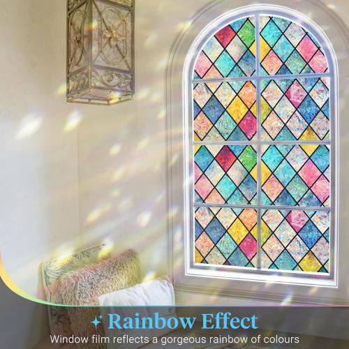 Haton Stained Glass Window Film, Rainbow Window Privacy Film, Decorative for Home Door 17.5 x 78.7