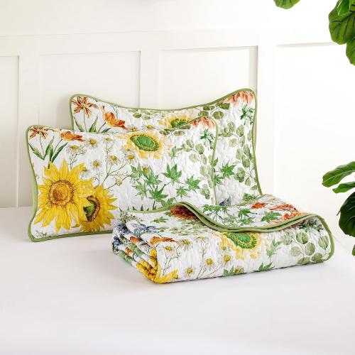 Yiran Floral Quilts ,Sunflower Botanical Bedspreads, Sage Green | Soft Lightweight Bedding Set, Microfiber Coverlet with 2 Pillow Shams, Summer Bed Sets for All Season