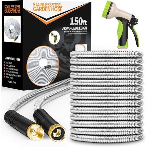 Garden Hose 150ft, Metal Stainless Steel Water Hose with 10 Function Nozzle Flexible, Lightweight, Kink-Free, Pet Proof, Puncture Proof Hose for Yard, Outdoor