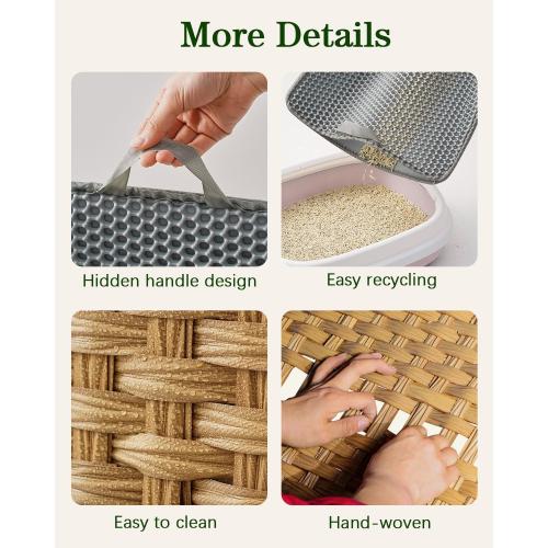 SETVSON Cat Litter Box Enclosure Furniture, Handwoven Rattan Hidden Litter Box with Mat, Large Space Cat House with 2 S-Shaped Hooks 30.3 x 18.3 x 24.4 Inches, Indoor for Living Room Apartment Natural