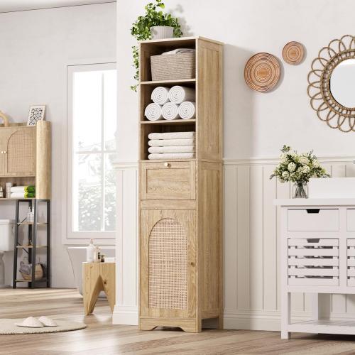Size 67 H Color  Natural Bathroom Storage Cabinet with Rattan Doors and Slide Storage, Tall Narrow Freestanding Tower Cabinets with Adjustable Shelves for Kitchen, Living Room, Dining Room