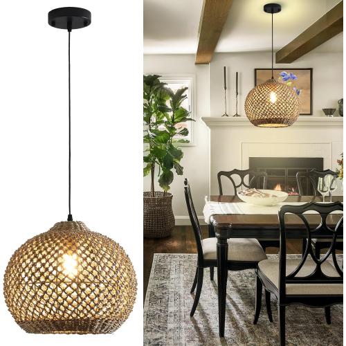 Rattan Pendant Light Fixture,13.79 Boho Rattan Kitchen Island Seagrass Lighting, Hand Woven Coastal Wicker Chandelier,for Farmhouse Dining Room Entryway Foyer 1-Light