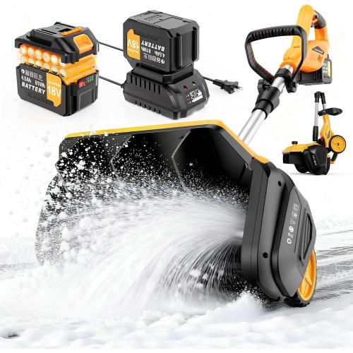 17-Inch Cordless Snow Shovel with Wheels, 9000mAh Brushless Electric Snow Blower Battery Powered, 26Ft Snow Thrower Distance&Adjustable Plate, Snow Removal for Driveway Deck Sidewalks