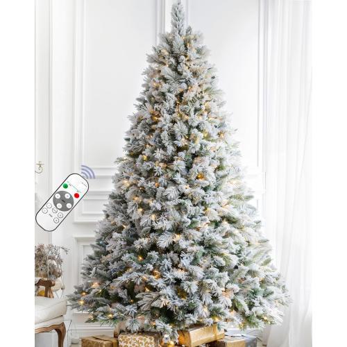 6FT Pre-lit Snow Flocked Christmas Tree Spruce with Remote Control, 350 Warm White Multi-Color Lights, Artificial Hinged/Feel Real/Realistic for Home, Holiday Decoration Dual Color LED