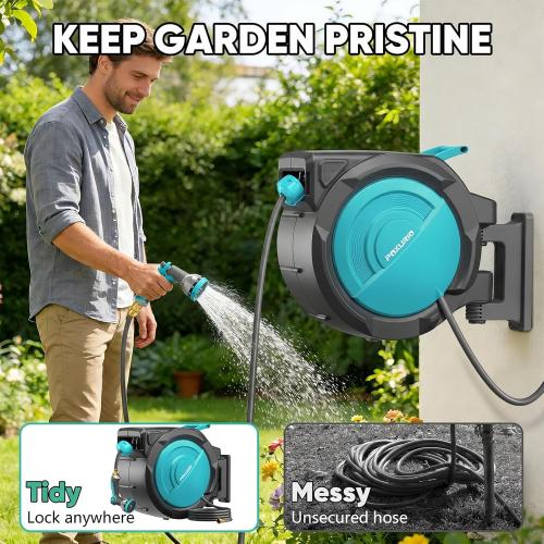 1/2 160FT Retractable Garden Hose Reel - POXURIO Heavy Duty Automatic Wall Mounted Hose Reel Upgraded UV Resistant, 3/4 Brass Fitting, 10 Pattern Nozzle, 180° Swivel&Any Length Lock Slow Retraction