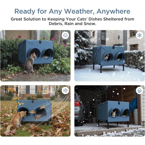 Outdoor Cat Feeding Shelter for Feral & Stray Cats, Insulated Dining Room with Slanted Roof & Double Feed Hole, Connects to PELUOMOZ Cat Houses, Windproof & Weatherproof – Navy Blue, 16×12×15.5