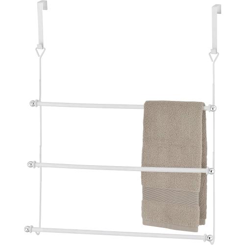 MyGift 3 Tier White Metal Over The Door Bathroom Towel Rack, Small Space Extra Storage Towel Bar Hanger