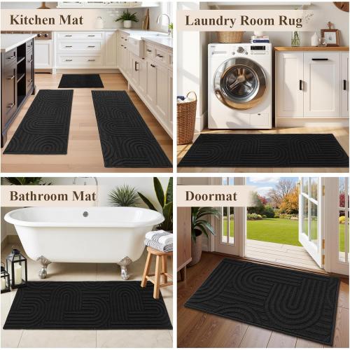 Kitchen Rugs and Mats Set of 3, Non Skid Washable Black Geometric Kitchen Mats for Floor, Absorbent and Stain Resistant Floor Mat for Laundry,