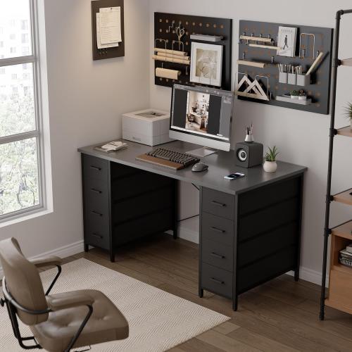 Pamray 47 Inch Computer Desk with 8 Fabric Drawers PC Gaming Desk Home Office Study Work Writing Table for Bedroom Grey