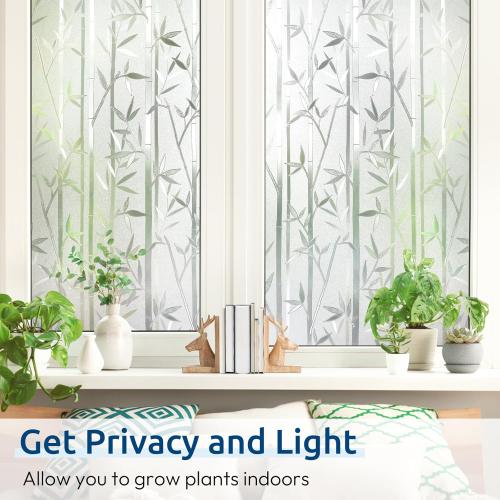 rabbitgoo Window Privacy Film Frosted Bamboo Pattern, Removable UV Blocking Stained Glass Decals Covering Decorative Window Cling for Home, 35.4 in X 6.5 Feet, Regular