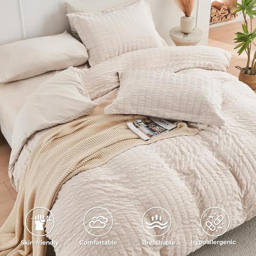 Beige HYMOKEGE Comforter Set Seersucker 7 Pieces, All Season Luxury Bed in a Bag for Bedroom, Bedding Set with Comforters, Sheets, Pillowcases & Shams