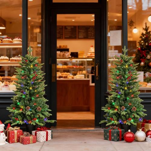 JOYHALO 2Pcs Set 4FT Outdoor Christmas Trees for Porch with 60 Remote Controlled Warm White and Multicolor LED Lights, Pre-lit Potted Christmas Tree with PVC&PE Branches