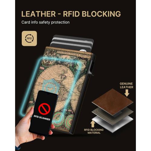 typecase Mens Wallet Card Holder: Pop Up Aluminum Case, Carbon Fiber Leather, Smart, RFID Blocking, Slim, Minimalist, Front Pocket - 9-14 Card Capacity | ID Window | Cash Slot (Map)