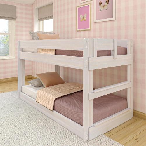 2BOXS Max & Lily Modern Farmhouse Low Bunk Bed, Twin-Over-Twin Bed Frame For Kids, White Wash