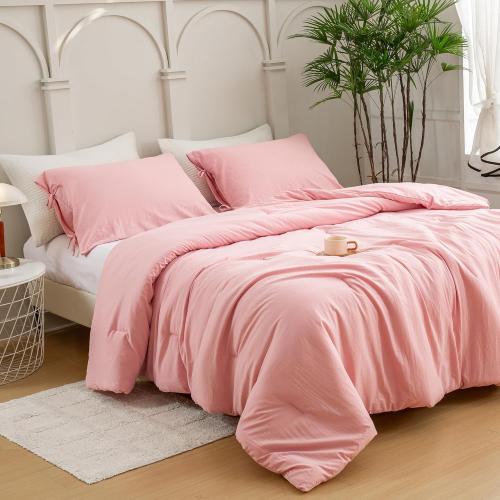 Blush Light Pink Comforter Set Queen, Super Soft Washed Polycotton Fabric, Cozy Comfy Down Alternative Bedding Blanket Comforter Set and Pillowcase Lightweight but Warm for Women All Seasons
