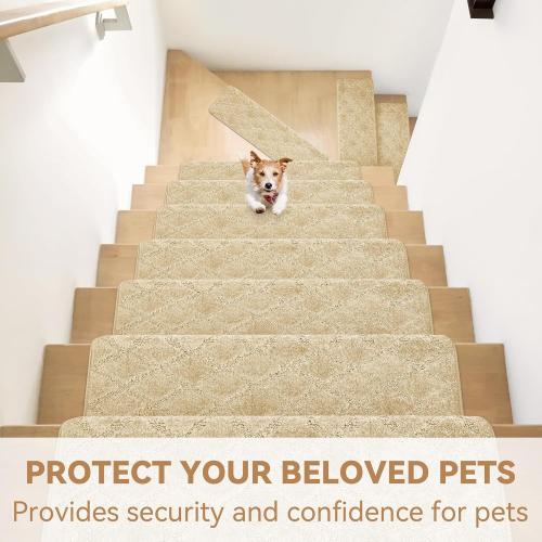 14 Pack Beige 9.5x32 Bullnose Stair Treads Non-Slip 9.5 x 32, 14 Pcs Carpet for Wooden Steps Indoor With Edge Protection, Reusable Peel and Stick TPU Backing Runner Rugs - Diamond Pattern Beige