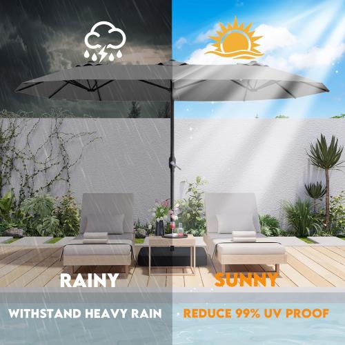 15ft Patio Umbrella with Base,Large Outdoor Double-Sided Rectangle Umbrella with Crank Handle, Market Umbrella for Poolside Garden Deck Backyard Beach Pools, Gray