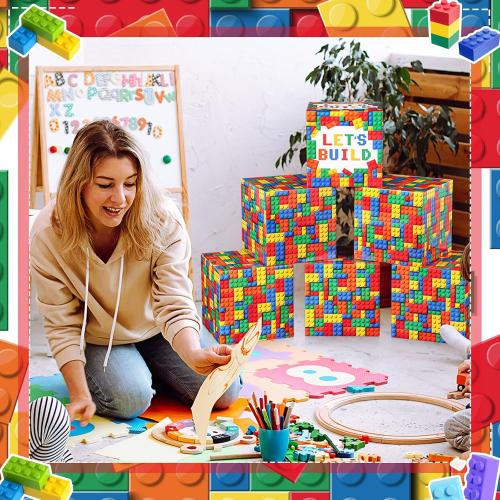 6 Pcs Large Building Block Party Decorations Boxes, 12 Inch Brick Theme Cardboard Box Backdrop Props Boxes for Building Block Birthday Party Decorations