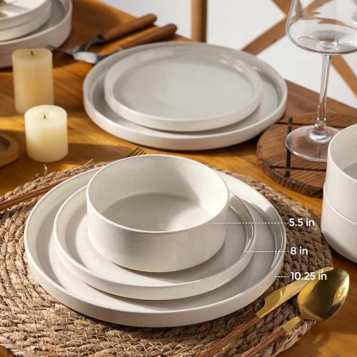 AmorArc Ceramic Dinnerware Set for 4 | Speckled Stoneware Plates and Bowls with unglazed terracotta | Scratch Resistant, Dishwasher & Microwave Safe Dishes Sets- 12-Pcs Beige