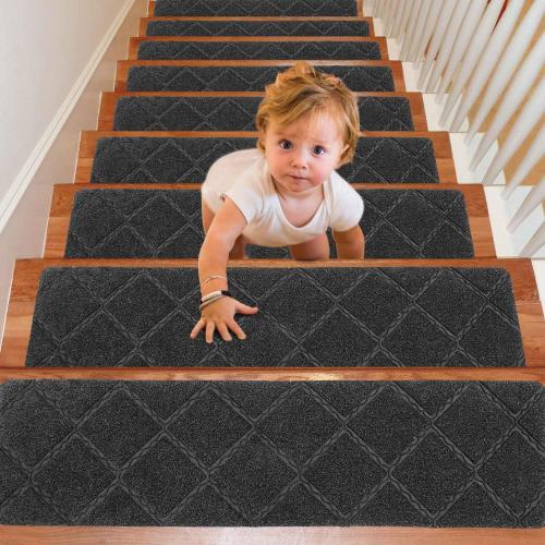 DARK GREY Seloom Upgraded 9 x 36 Stair Treads for Wooden Steps- Carpet Non-Slip with Non Skid Backing Specialized for Indoor Steps, Removable Washable Step Runners Perfect for Dogs(Grey,15-Pack, Dimand)