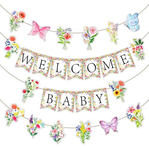 VitalCozy Wildflower Baby Shower Banner Decorations for Girls Butterfly Flower Birthday Decor, Butterfly Floral Baby Banners for a Little Wildflower Is on Her Way Party and Flower Themed Events