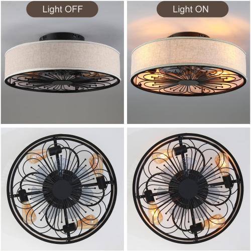 20 Boho Rattan Caged Ceiling Fan with Light,Low Profile Flush Mount Bladeless Ceiling Fan with Remote Control, 6 Speeds Reversible Silent Motor, Farmhouse Fabric Fandalier for Bedroom,Living Room