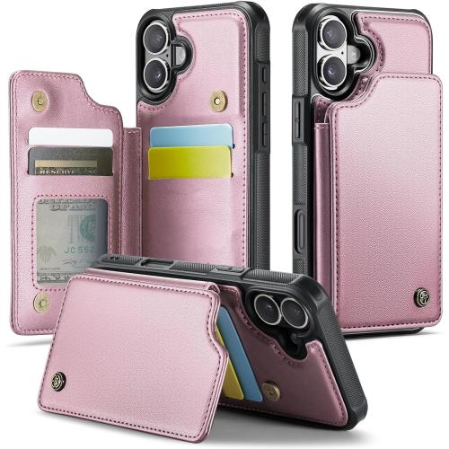 Compatible with iPhone 16 6.1 Wallet Case with Card Holder RFID Blocking for Women Men, Double Magnetic Clasp Kickstand Shockproof Phone Case Fit for iPhone 16, Rose Gold