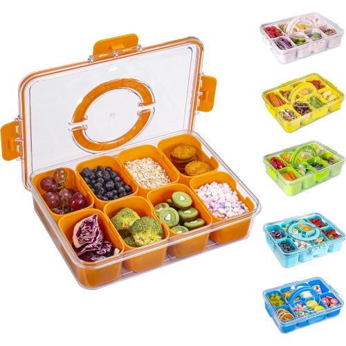 Divided Snack Serving Tray with Lid and Handle Travel Snackle Charcuterie Container Portable Storage Organizer for Candy, Fruits, Nuts, Snacks, Party, Picnic (1pack, Orange)
