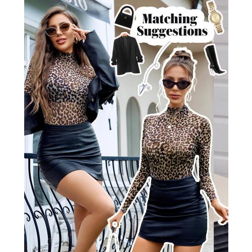 Dance and sway Long Sleeve Bodysuit for Women Turtleneck Sheer Mesh Bodysuit Geo Print Leotards small