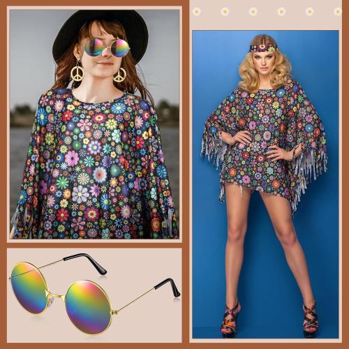 Hicarer 6 Pcs Hippie Costume Accessories Set Includes Headband Poncho Necklace Earrings Sunglasses for Women Girls