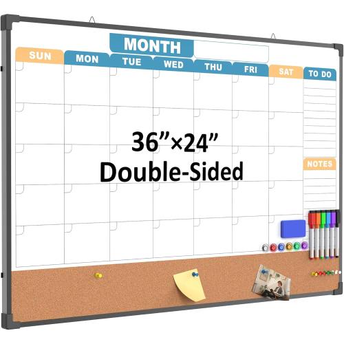 Monthly Calendar Dry Erase Board 36x24 Inch, Double-Sided Whiteboard and Corkboard Combo with Black Aluminum Frame (Color Calendar), Wall Mounted Planner with Marker, Magnet, Push Pin, Eraser