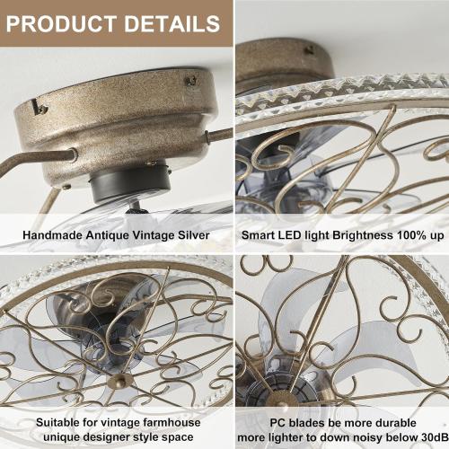 Low Profile Ceiling Fan with Lights 20 Ceiling Fan with Remote Bladeless Ceiling Fan Boho Vintage Flush Mount Ceiling Fan with Light 3 Color Smart LED Dimmable,Handmade Antique Vintage Silver