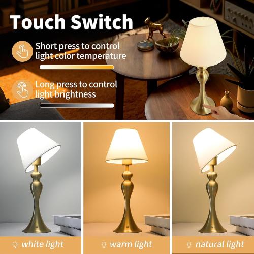 Mr.White Rechargeable Cordless Table Lamp with E26 LED Bulb, 5200mAh Battery Operated Portable Table Light with Fabric Shade, for Patio Restaurant Kitchen Bedside Living Room (Gold)