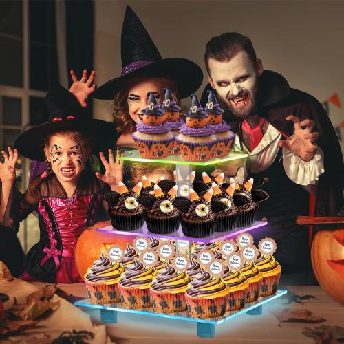Size 3 tier LED Acrylic Cupcake Stand, 3 Tier Cupcake Stand with Rechargeable Light, Clear Cupcake Tower Stand 24 Cupcakes, 7 Color Cupcake Display Stands for Weddings, Birthdays,Party,Graduation