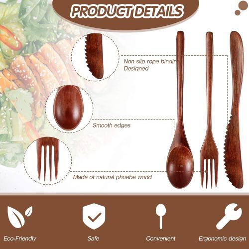 Geiserailie 12 Pcs Wooden Utensils for Eating Wooden Spoon Fork Knife Set