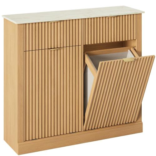 Double Tilt Out Trash Can Cabinet,20 Gallon Fluted Laundry Hamper Cabinet with 2 Drawers,Freestanding Wooden Hidden Garbage Can Cabinets with 2 Laundry Storage Basket for Kitchen,Living Room,Natural