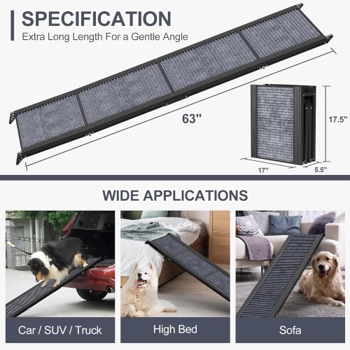 Dog Ramp for Car 63 Long & 17 Wide Portable Dog Ramps for Large Dogs with Non-Slip Rug Surface Dog Car Ramp for SUV Car & Truck, Folding Dog Ramp Up to 250LBS