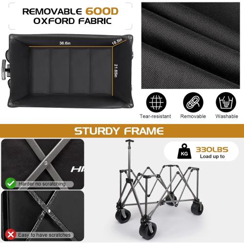 Collapsible Wagon Cart Outdoor 8.48 Cubic Feet Folding Utility Wagon 330 lbs Capacity Heavy Duty Beach Wagon with Big Wheels for Camping Beach Garden