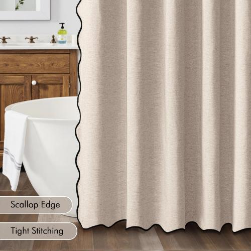 MIULEE Beige 84 Long Scalloped Shower Curtain Linen Textured with 12 Metal Hooks Cute Extra Long Heavy Duty Washable Waterproof Cloth Shower Curtains with Black Border for Bathroom Hotel Bathtub