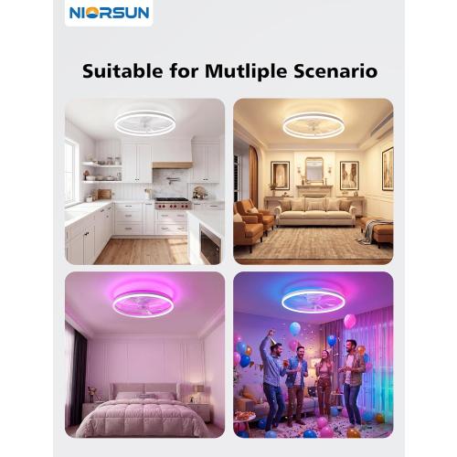 RGB Ceiling Fan with Light and Remote,24 Fandelier Smart Ceiling Fan,White | Low Profile Ceiling Fan with Light, Dimmable Flush Mount Ceiling Fan, Modern Bladeless Ceiling Fan, 6 Speeds Ceiling Fan RGB