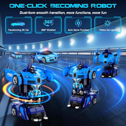 Remote Control Car, One-Click Becoming Robot Transforming Toys Car for Boys, Smooth Deformation, Demo Mode, 360° Rotation, Easy to Use, 2.4GHZ, with LED Lights, RC Cars for Christmas, Kids