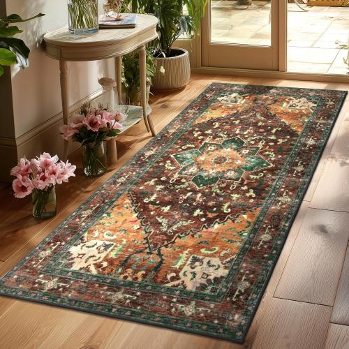 Yamaziot Washable Runner Rug, Non-Slip Boho Vintage Hallway Rug with Rubber Backing, Low Pile Faux Wool Distressed Carpet Runner for Bedroom, Kitchen, Laundry, Entrance (168 x 28)