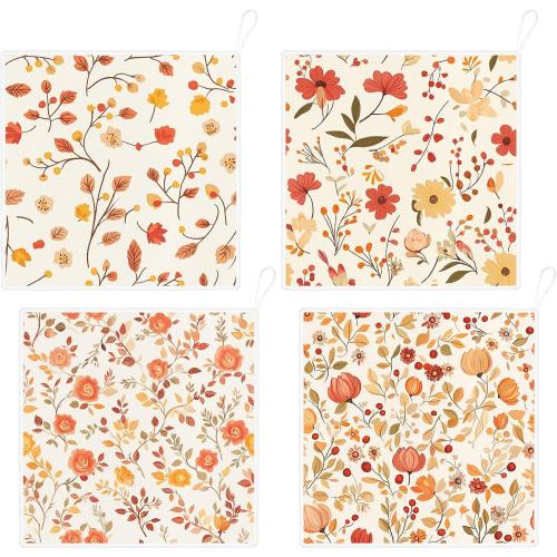 Kitchen Dish Cloths,4-Pack Reusable Soft Dishcloths with Hanging Loop,11.8×11.8in Kitchen Towels,Microfiber Hand Towels,Home Decoration,for Housewarming Gifts-Autumn Floral