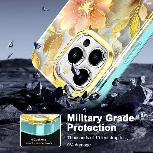 Cute Flower Case for iPhone 16 Pro Max 6.9 inch Built with Screen Protector, Lightweight and Stylish Full Body Shockproof Protective Rugged TPU Case for Women/Girls-Golden Peony Flower