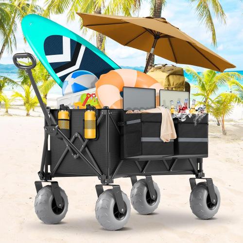 Beach Wagon with Big Wheels for Sand Heavy Duty Collapsible Wagon with 9 All Terrain Inflatable Tires, Foldable Beach Cart for Camping Outdoor Grocery Shopping Garden Sports