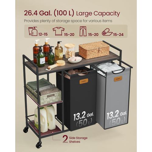 VASAGLE Laundry Hamper with 2 Compartments, 26.4 Gal. (100 L) Laundry Sorter, Rolling Laundry Cart with Shelves, Removable Liners, 6 Labels, Chestnut Brown, Ink Black and Dove Gray UBLH311B02