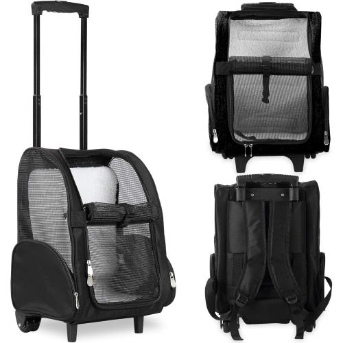 Color Black KOPEKS Deluxe Backpack Pet Travel Carrier with Double Wheels for Pets up to 10 Pounds - Black - Approved by Most Airlines